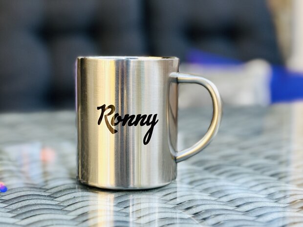 Mok RVS zilver met eigen tekst en/of logo